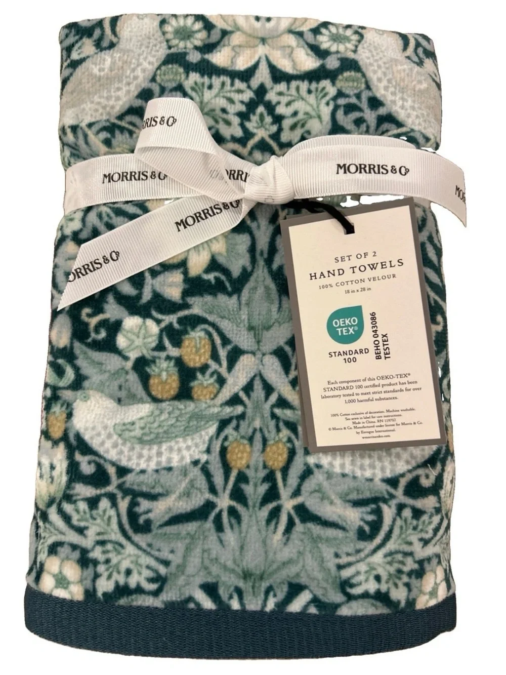 William Morris & Co Velour 4 Pc Set 2 BATH 2 HAND TOWELS Strawberry Thief Teal